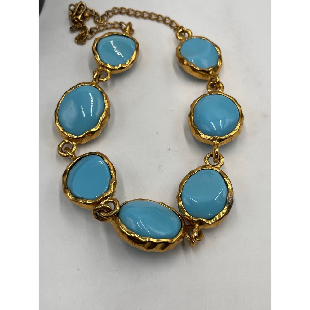 KENNETH LANE Gold Tone Large‎ Faux Resin Turquoise Chunky Statement Necklace - Picture 6 of 10